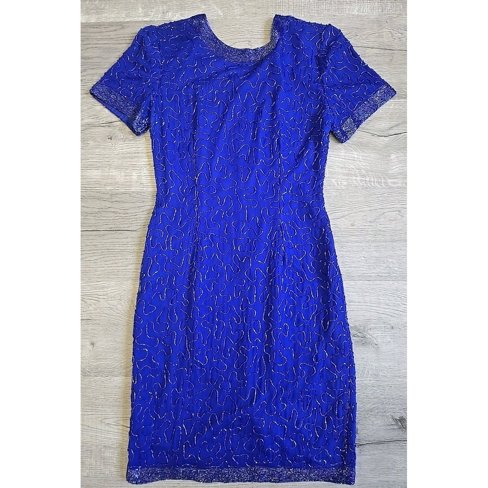 Vintage Stenay Royal Blue Beaded Silk Sequin lined‎  Dress Petite 2 Zipper India